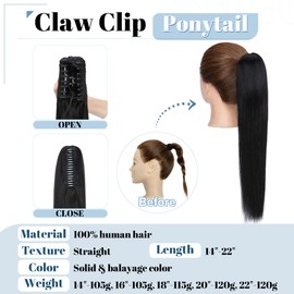 16 inches SEGO Human Hair Ponytail Extension Claw on [#1 Jet Black] Clip in Remy Real One Piece Hairpieces Straight (105g)