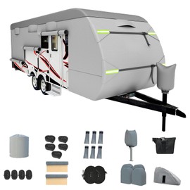 Travel Trailer RV Cover, Upgraded 8 Layers Top Travel Trailer Cover Fits 24 to 27 Feet RV, Waterproof Camper Cover with 4 Tire Cover & Tongue Jack Cover Extra Windproof Ropes, Gutter Covers