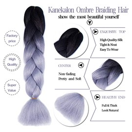 Kanekalon Braiding Hair Kanekalon, 3 Packs, Ombre Jumbo 24 Inch Professional Hair Extensions for Women, Crochet Twist Braids, Synthetic Hair (Black/Grey)