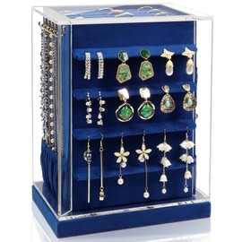 KAMIER Jewelry Box, 360° Rotating Jewelry Organizer with 5 Drawers,Large Jewelry Storage,Clear Window,Golden Handle,Vertical Jewelry Holder for Earrings Necklace,Gift for Women, Blue
