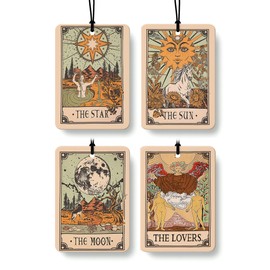 FISWAFY Boho Retro Tarot Card Car Air Freshener 4 Pcs, the Star Sun Moon Lovers Hanging Air Freshener for Cars Closet Drawer Books, Tarot Lovers Gifts Car Accessories Mirror Decor for Women