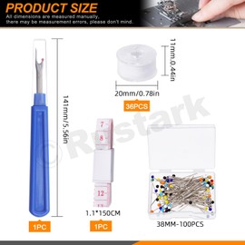 Rustark 36Pcs White Bobbins Sewing Threads Kit 60WT Size A Prewound Bobbins with Case, Sewing Pins, Measuring Tape and Sewing Seam Ripper, Polyester Thread for Hand Sewing Machine Use DIY Embroidery