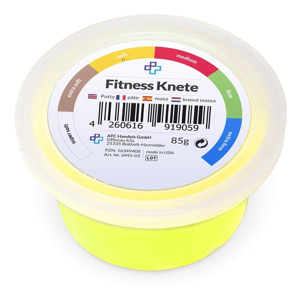 ATC Handels GmbH Fitness Clay in 6 Different Resistance Levels - for Hand Training, Anti-Stress, Hand Muscles, Fine Motor Skills - Malleable, Versatile and Strengthening (450 g - Yellow, Soft)
