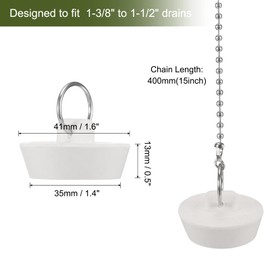 sourcing map 2 Pcs Tub Stoppers, Rubber Bathtub Stoppers 1-3/8" to 1-1/2" Kitchen Sink Drain Stopper, Bathroom Drain Plug with Pull Ring and 15" Beaded Chain, White