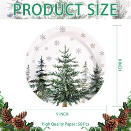Grencian 50Pcs Christmas Tree Party Supplies 9" Snowflake Paper Plates Disposable Winter Xmas Tree Dinner Plates for Merry Christmas Holiday Birthday Party