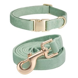 Ewinoom Soft Corduroy Dog Collar and Leash Set, Adjustable Cotton Dog Collars with Metal Buckle and Lead for Small Dogs,Grass Green