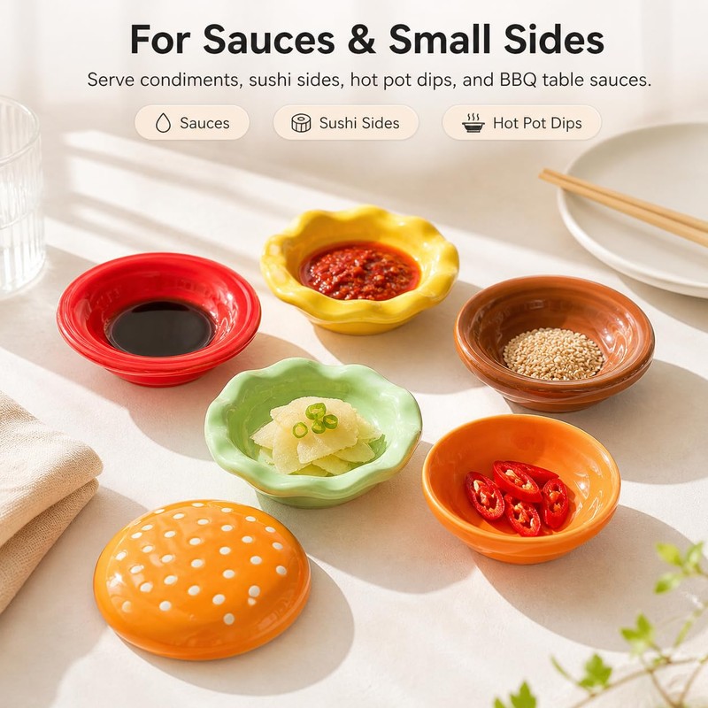 6-Piece Stackable Ceramic Burger Plate Set for Sauces & Dips