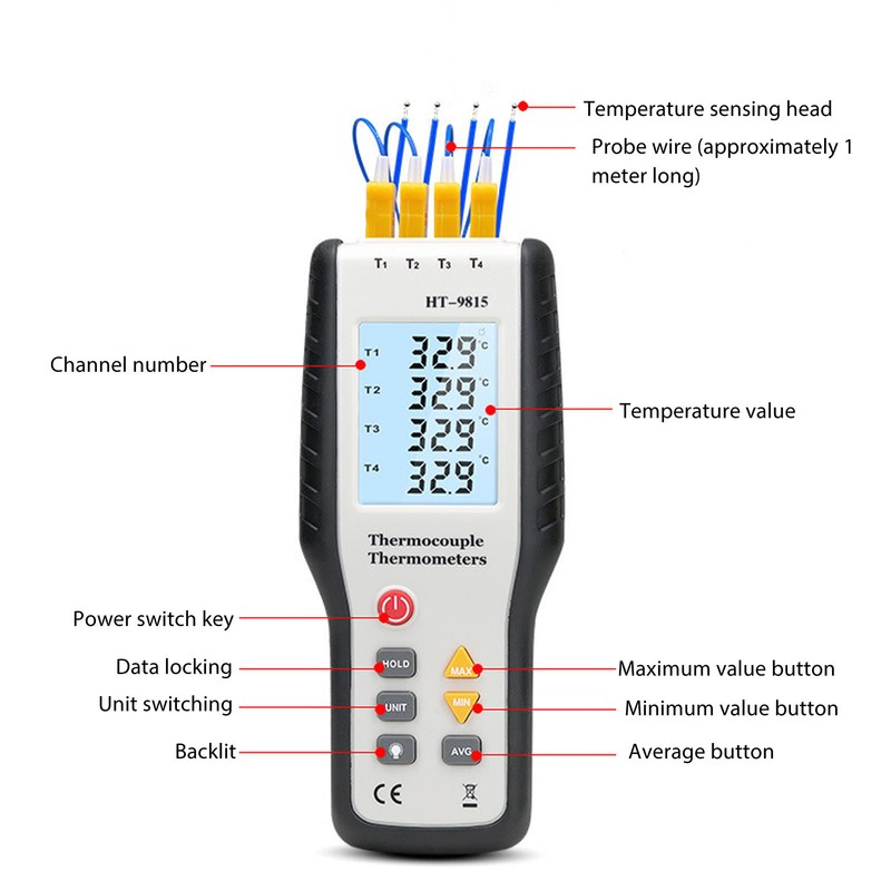 Thermometer High Accuracy Digital Display 4 Channel Portable Thermocouple Thermometer