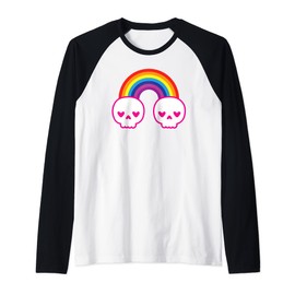 Colorful Kawaii Cute Rainbow Skulls with Heart Shape Eyes Raglan Baseball Tee