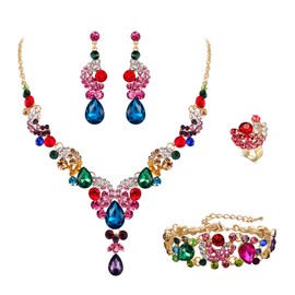 EVER FAITH Rhinestone Crystal Wedding Flowers Wave Teardrop Necklace Earrings Set, Crystal