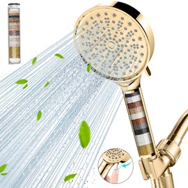 Cobbe Filtered Shower Head with Handheld, High Pressure 6 Spray Mode Showerhead with Filters, Water Softener Filters Beads for Hard Water - Remove Chlorine - Reduces Dry Itchy Skin, Egyptian Gold