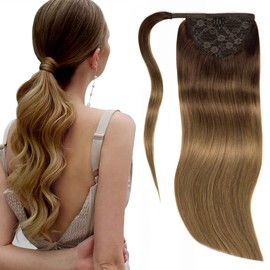 Lacerhair Human Hair Ponytail Hair Piece Balayage Dark Brown to Light BrownRemy Human Hair Wrap Around Ponytail Hair Extensions with Magic Paste 14 Inch 70g