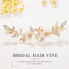 JONKY Bride Gold Hair Vine Pearl Flower Headpiece Leaf Wedding Headbands Bridal Hair Accessories for Women and Bridesmaid