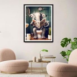 QINRUBB DIY Elefant liest Zeitung Diamant Painting Bilder Anfänger, 5D Toilette Diamond Painting Erwachsene, Runder Vollbohrer Uhr Diamant Kunst Kits Kreuzstich Geschenke Home Wand Dekor 30x40 cm