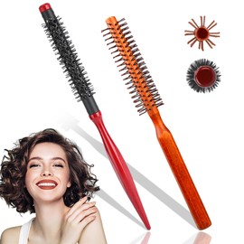 WhaleO Rundbürste Klein, 2 Stück Haarbürste Rund Tragbare Lockenbürste Kleine Rundbürste mit Holzgriff und Nylonborsten, Rundbürste Holz Rundbürsten Set für Locken, Kurzes Haar, Dünnes Haar