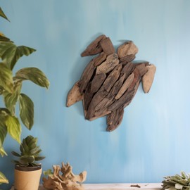 Sagebrook Home Coastal Driftwood Turtle Wall Decor - Handmade Wooden Sea Turtle Sculpture - Rustic Brown MDF & Natural Driftwood - Beach House & Living Room Wall Art - 2" Brown