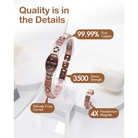 Feraco Pure Copper Bracelets & Rings for Women, Ultra Strength Magnetic Bracelet with 3500 Gauss Magnets, Adjustable with Sizing Tool, Cross Jewelry
