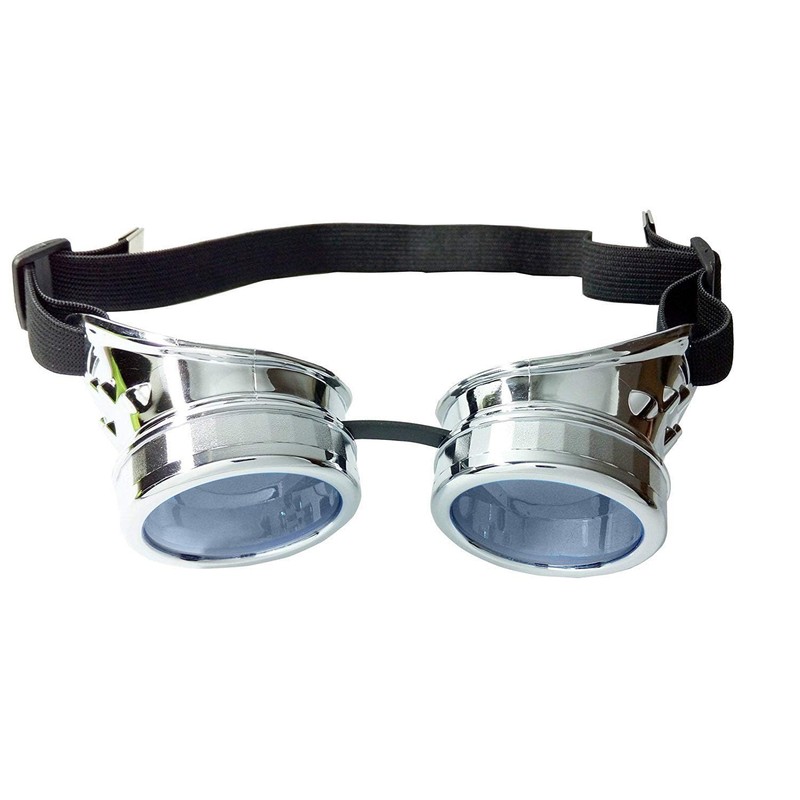 Ultra Silver with Blue Lenses Steampunk Goggles Mens Womens Cyber