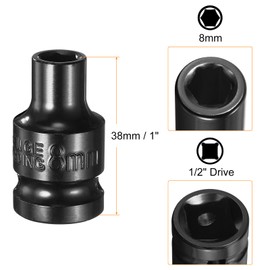 sourcing map Deep 6-Point Impact Socket 1/2" Drive 8mm Metric Socket 1.5" Length with 1/4" Hex Shank Adapter, CR-V Steel Socket Adapter Accessory Tool Set Kit for Hex Bolts Nuts