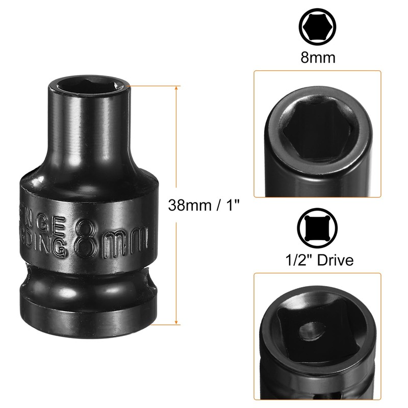 sourcing map Deep 6-Point Impact Socket 1/2" Drive 8mm Metric