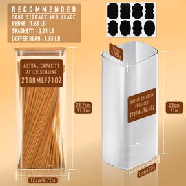 D2scrma 71oz Rectangle Airtight Glass Storage Containers with Bamboo Lids (Set of 4), Square Food Storage Jar, Pantry Organizers for Sugar, Flour, Spaghetti and Coffee beans (‎with Black Lable)