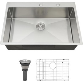 VALISY 33x22 Inch Drop In Topmount Stainless Steel Brushed Nickel Single Bowl Sink, Extra-thick 16 Gauge For RV Kitchen Laundry Utility with Dish Grid and Basket Strainer