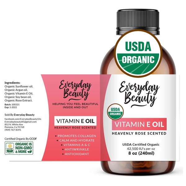 Organic Vitamin E Oil - Heavenly Rose Scented USDA Certified 100% All Natural Plant Based 8oz - Light and Rose Scented Great for Scars After Surgery - For Face, Skin and Nails