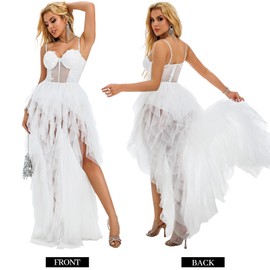 Lace Wedding Dresses for Women Glitter Prom Dress Tulle High-Low Ruffled Corset Party White Tulle Dress for Women with Slit