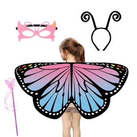 IWTBNOA Children's Butterfly Wings, Pack of 4 Fairy Wings Cape Costume with Felt Mask, Headband, Fairy Stick, Butterfly Cape, Bees, Ladybird Wings for Carnival, Fancy Dress, Princess Party