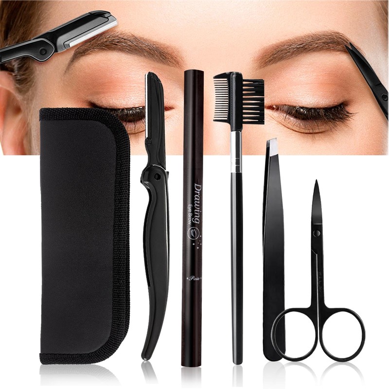 MUNSKT Eyebrow Grooming Kit with Leather Case, 5PCS Stainless Steel