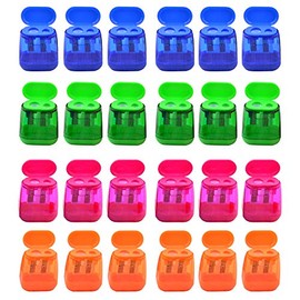 AUSTARK 24Pcs Pencil Sharpener Manual, Assorted Color Small Dual Hole Pencil Sharpeners Bulk with Lid for School Office Home (Geometry-24)