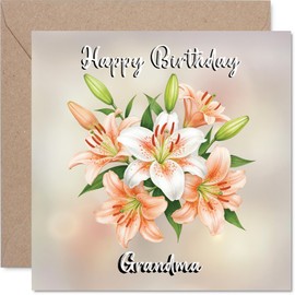 Grandma Birthday Card - Floral Flowers - Happy Birthday Card for Grandma from Grandson Granddaughter, 145mm Lilies Bday Greeting Cards