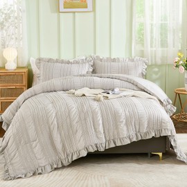 WONGS BEDDING Grey Textured Comforter Set Queen,3 Pieces Ruffle Farmhouse Shabby Chic Comforter for Queen Bed,Soft Seersucker Boho Bedding Set with 1 Ruffle Comforter,2 Tufted Pillowcases 90"×90"