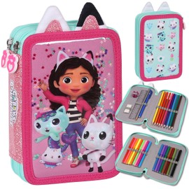 sarcia.eu Gabby's Dollhouse Two-Compartment Pencil case with Equipment for a Girl, for School - 32 Elements, 2 Zippers, 3D Ears (Gabby Folded)