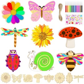 Seamart Pack of 16 Craft Sets for Children, Craft Butterfly Flower Bird Wooden Pendant for Painting, Children's Birthday Crafts Girls, DIY Creative Sets with Watercolour Pen, Gemstone Stickers