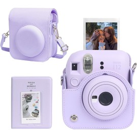 CAIYOULE Estuche protector de cmara para Instax Mini 12 Cmara instantnea Fuji Mini 12 Estuche de cuero PU Bolsa de transporte con correa ajustable para el hombro y 64 bolsillos lbum de fotos Lila Prpura