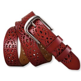 White Fang BT004 Women's Leather Belt, Stylish, Ring Type, Casual, Red, Black, White