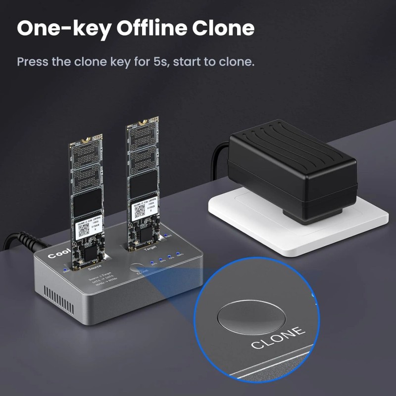 Coolpie Offline Clone M.2 NVME/SATA Duplicator 2-Bay Docking Station for