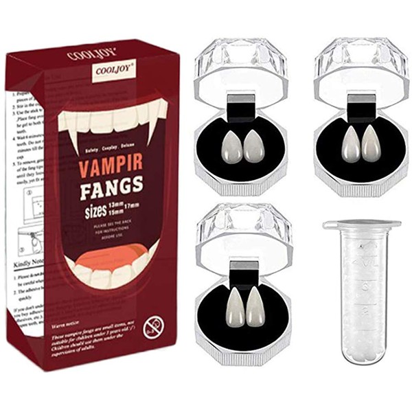 COOLJOY 3 Sizes Vampire Fangs Teeth with Adhesive Halloween Cosplay Props White Horror False Teeth Props Party Favors Masquerade Accessories Gift