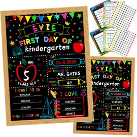 First Day of School Sign Board Double Sided 14”x11” Solid Wooden Framed with 6PCS Reward Chart Set Reusable Back to School Board Sign Chalkboard for Kindergarten Sign Preschool