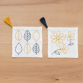 Plain Wool Just Stab Along The Design! Easy Kit, Sashiko Coaster, 100% Cotton, Made in Japan, Leaves and Flowers