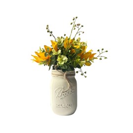 Sunflower Centerpiece Table Decorations - Ivory Mason Jar with Sunflowers – 8” Off-White Rustic Centerpiece for a Small Table - 16 oz Jar for Sunflower Home Decor (Ivory Jar w/Greenery/Sunflower)
