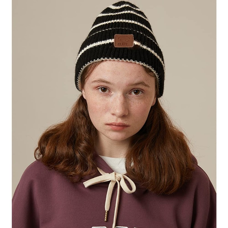 CLAPE Unisex Leather Patch Beanie Knitted Hat Soft Warm Beanie