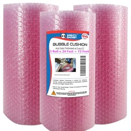 3 Pack Antistatic Small Bubble Cushioning Wrap for Moving & Shipping 24’ x 3 = 72 FT Bubble Packing Wrap for Extra Protection Packaging Boxes & Mailers - Pink Bubble Roll Supplies, Perforated @ 12"