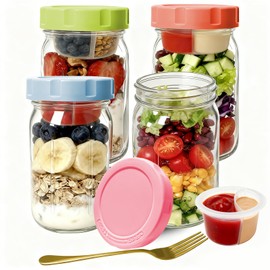 4 Pack Glass Salad Jars with Lids,32oz Mason Jars for Meal Prep,Leakproof Lunch Container with Two Small Built-in Boxes for Wet/Dry Separation of Salad Dressing and Dry Ingredients(4 Color Pack)