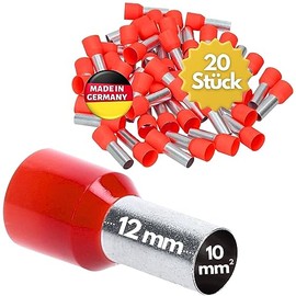 Kalitec AE1012RTSB Insulated Wire End Ferrules 10.0 mm² 12 mm Long Red I Made in Germany I Industrial Quality Pack of 20