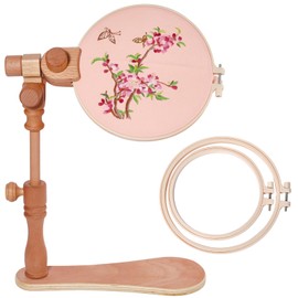 GLOBLELAND Adjustable Embroidery Frame Stand with 2 Pcs Embroidery Hoops Wooden Embroidery Hoop Stand Rotated Cross Stitch Stand for DIY Craft Sewing Needlework Projects