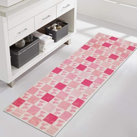 Light Pink Bow Long Bath Mat, Cute Pink Checkered Runner Rug, Absorbent Non Slip Bathroom Mat Soft Plush Washable, Funny Pink Bathroom Decor for Bedroom Hallway Kitchen 16"×48"