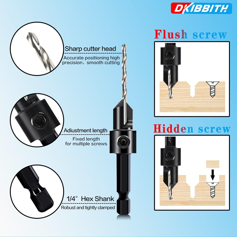 DKIBBITH 12-Piece Countersink Drill Bit Set with 5 Spare Bits,