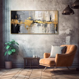 Phahey Abstract Wall Art Black and White Modern Artwork Golden Yellow Line Art Canvas Painting Wall Decor for Living Room Bedroom Dining Room Home Office Decor 20"x40" with Framed